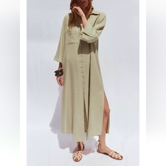 Zara Dresses & Skirts - Zara Linen Light Khaki Long Tunic Shirt Dress Sz-L